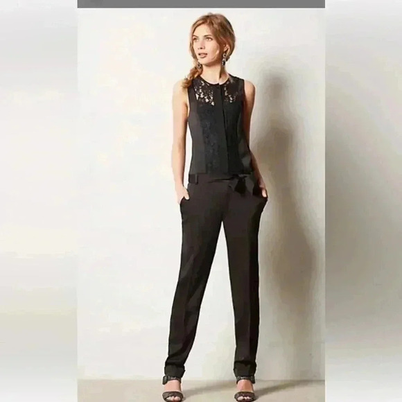 Elevenses from Anthropologie Lace Detail Sleeveless Black Jumpsuit Size 6 - Picture 3 of 10
